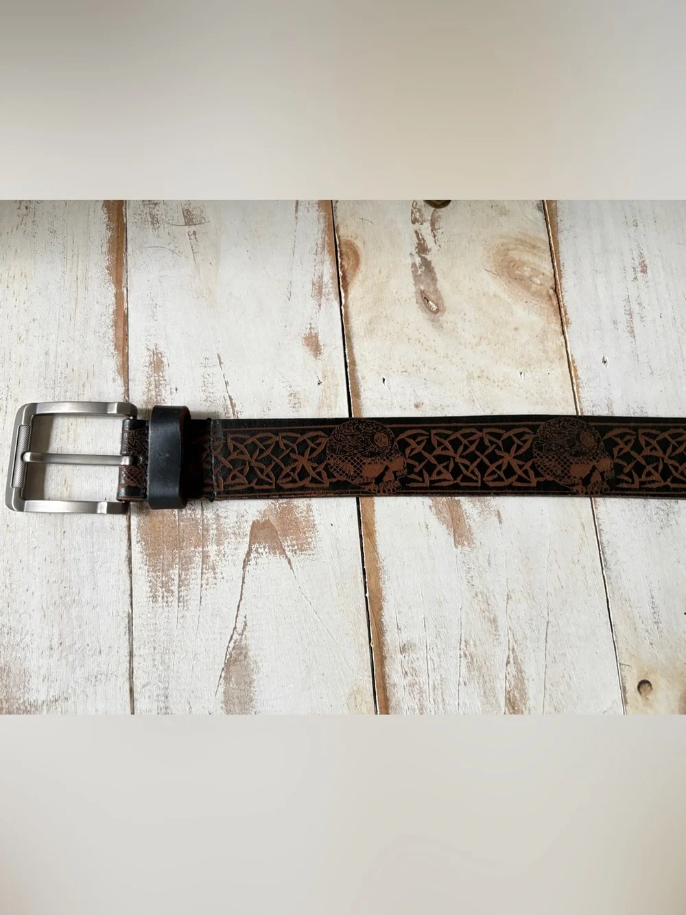 Unique brown black tooled leather belt Celtic knots skulls biker goth men’s 48